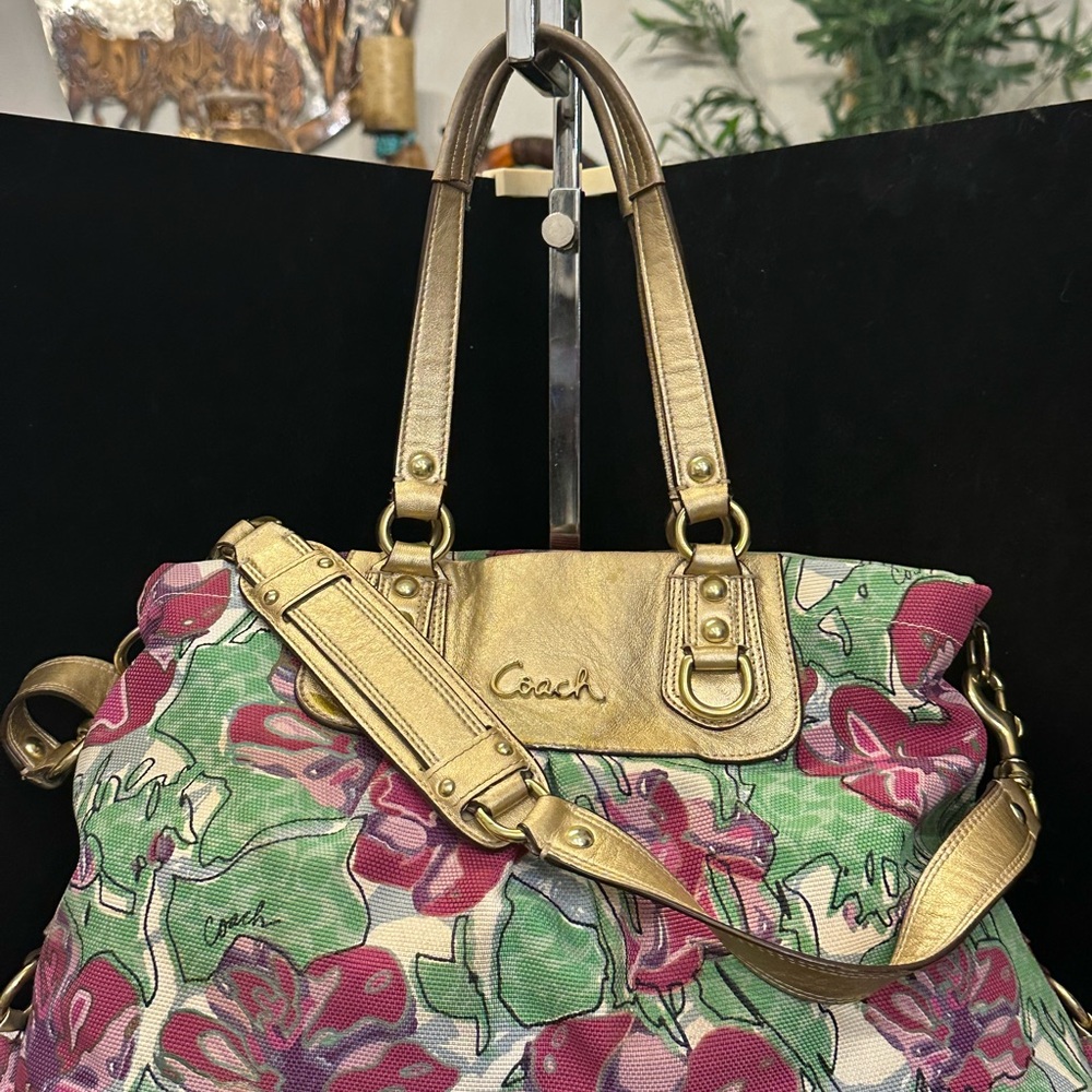 Coach Ashley 2011 Pink & Green Floral Canvas Tote with Gold Leather Accents - Picture 5 of 14